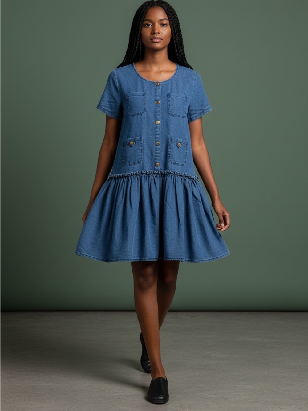 Denim doll dress with pockets. New with Tag.
Pit to Pit- 42 
Hips - 43